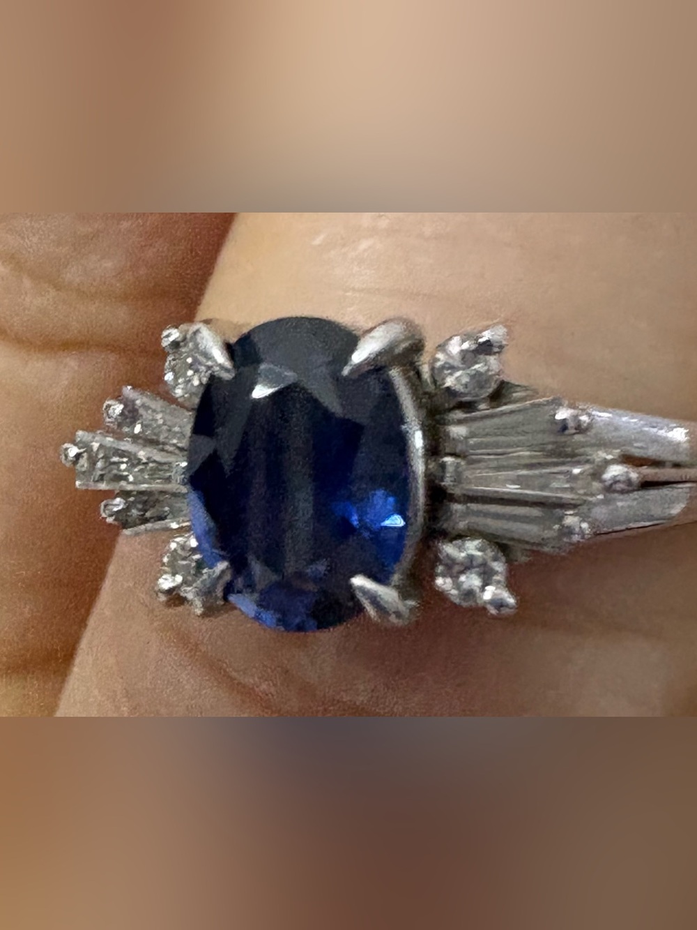 Platinum Blue Sapphire and Diamond "Ballerina Halo" Cocktail Ring - Picture 2 of 10